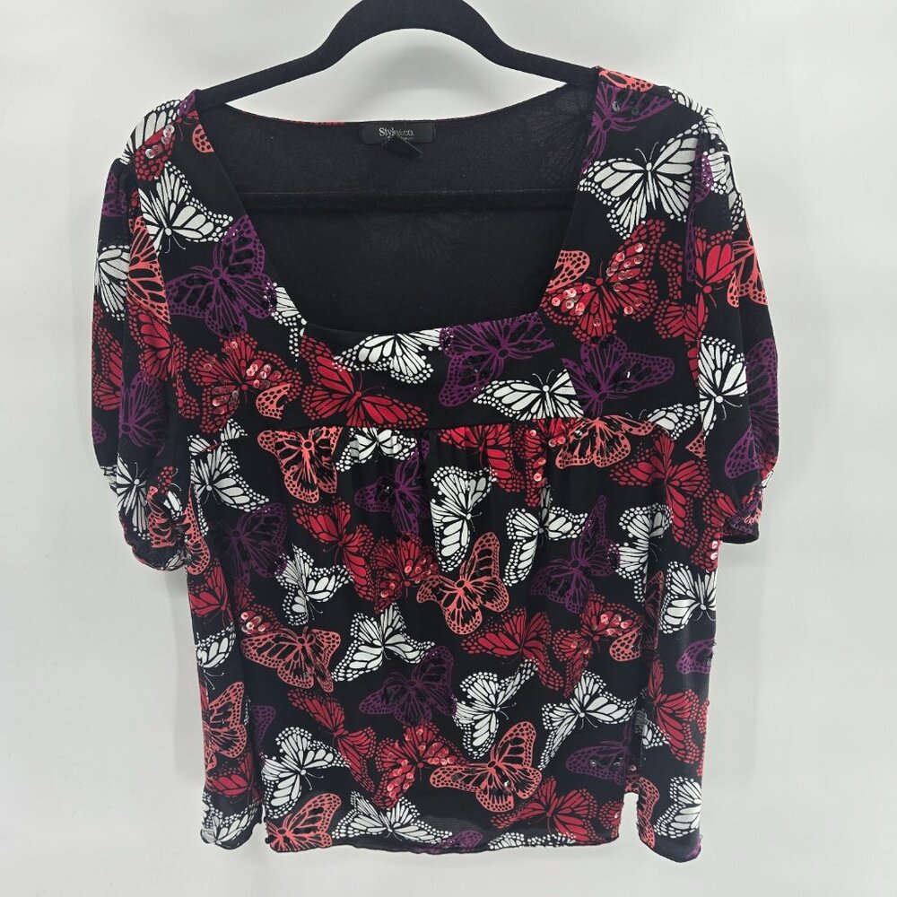 Style and Co Black Butterfly Nylon Square Neck Beaded Blouse Size 2x